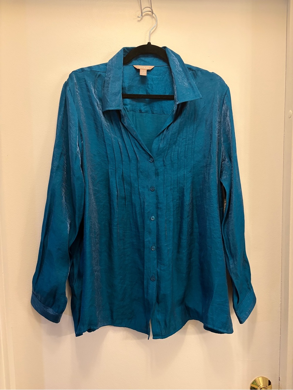 NWT Teal Crinkle Pintuck Button Front Women's Blouse Size XL (16-18)